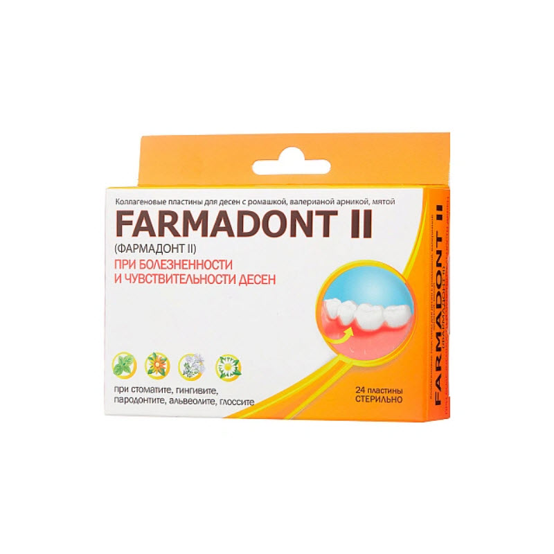 Изображение Farmadont II Коллагеновые пластины с ромашкой, валерианой, арникой и мятой для десен, 24шт
