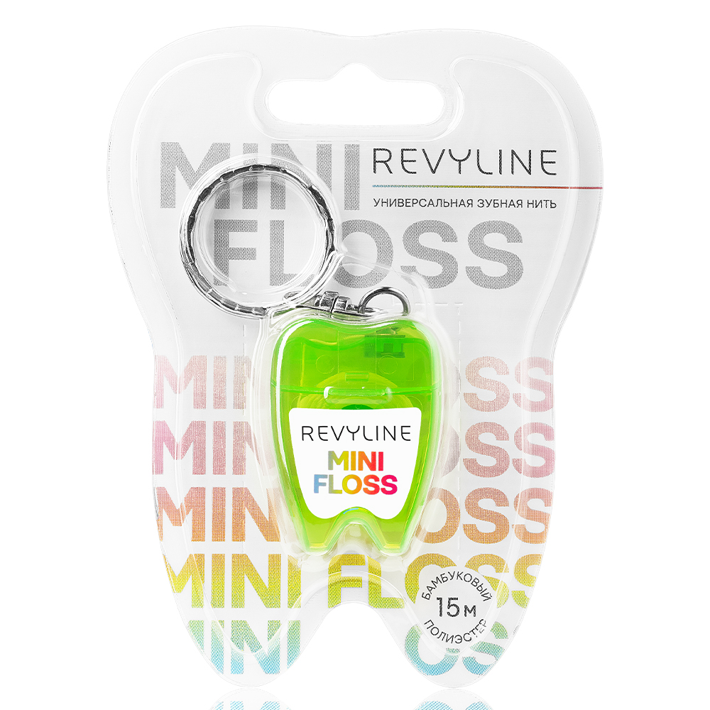 Изображение Зубная нить Revyline floss mini вощеная 15м полиэстер с бамбуковым углем, дорожный брелок 1шт 9456