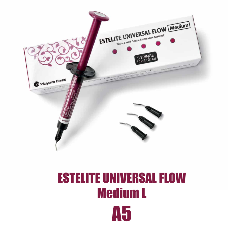 Изображение Estelite Universal Flow Medium L оттенок A5, средней текучести, шприц (3 гр.), 13862 1 из 1