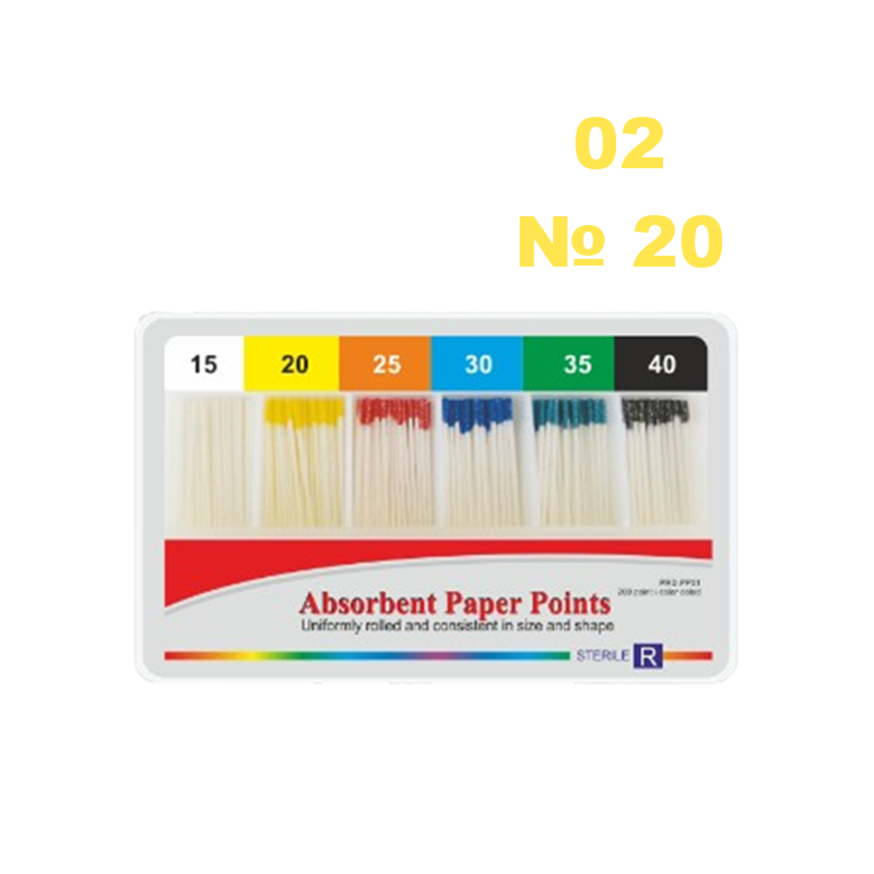 Изображение Штифты бумажные абсорбирующие размер 20, конусность 02 (Absorbent Paper Points), 200шт