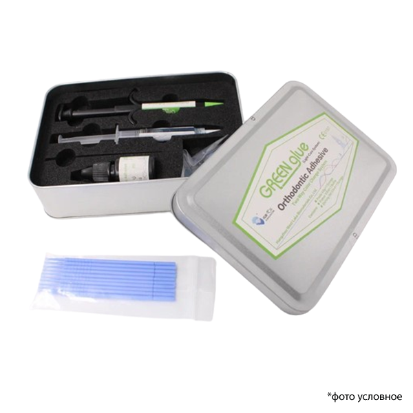 Изображение Green glue Mini набор - адгезив ортодонтический для фиксации брекетов, цветной, светового отверждения: паста (4гр), праймер (3мл), гель для травления (2,5мл) 1 из 1