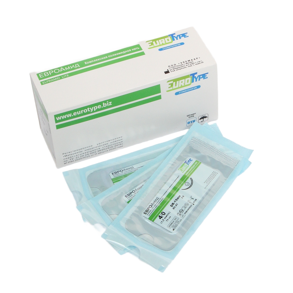 Изображение ЕВРОАмид Лайт шовный материал, 4-0 USP, 75см, игла 19мм колющая 3/8, черная, 12шт