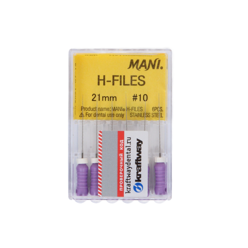 Изображение H-Files № 010/21 мм, фиолетовые, корневой бурав ручной Mani, 6шт 1 из 1