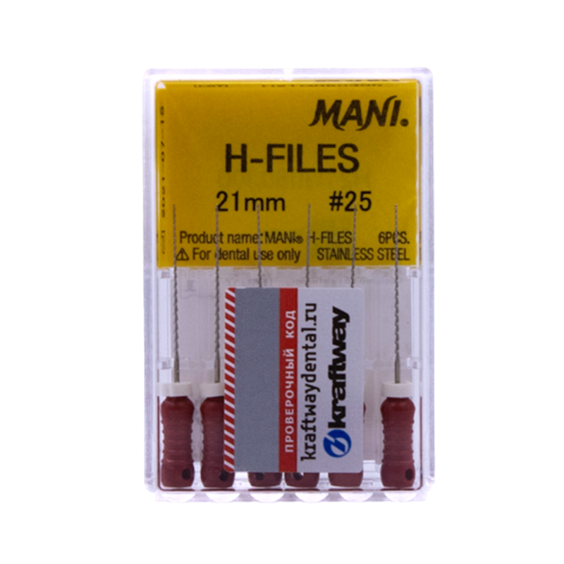 Изображение H-Files № 025, 21 мм, корневой бурав ручной, цвет красный, 6шт, Mani 1 из 1