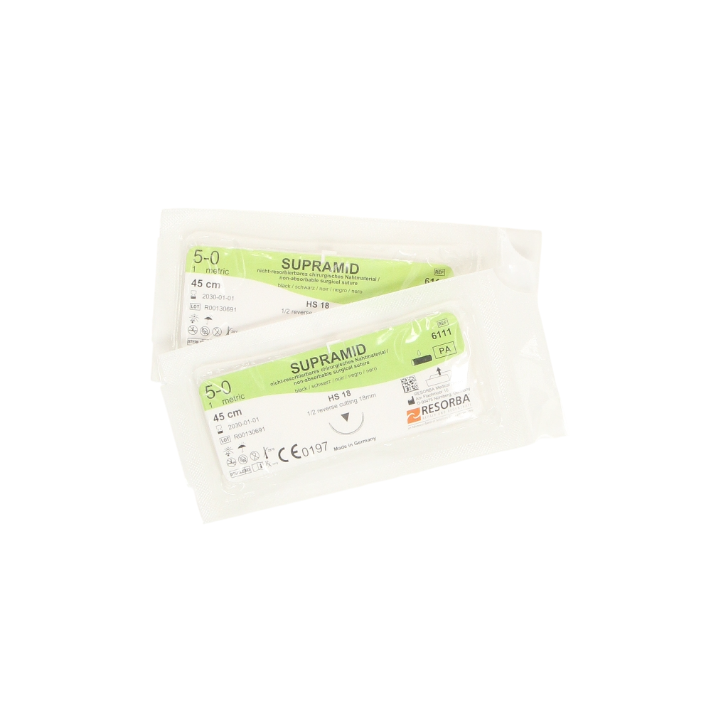 Изображение Supramid нить черная 45см, 5-0 USP (1), 1 игла обратно-режущая 1/2, 18мм, 36шт