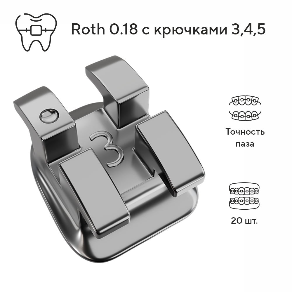 Изображение Брекеты металлические Zeal Plus Roth .018 с крючками на 3,4,5, лигатурные, 20 шт.