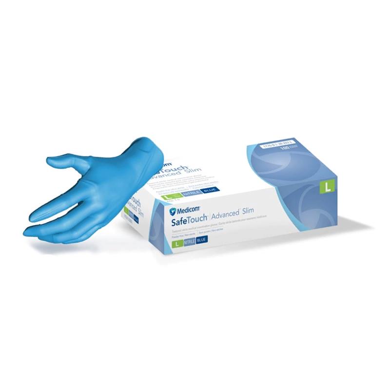 Изображение Перчатки нитрил S 50пар Safetouch Slim Blue Nitrile PF Medicom нестер неопудр текстур на пальцах голубые 1 из 1